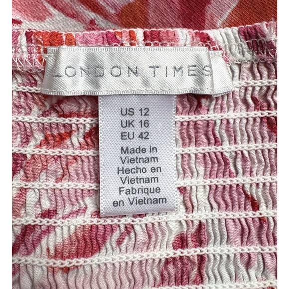 LONDON TIMES Floral Tiered Maxi Dress Square Neck Sleeveless Smocked Pink Red 12 - Picture 3 of 15